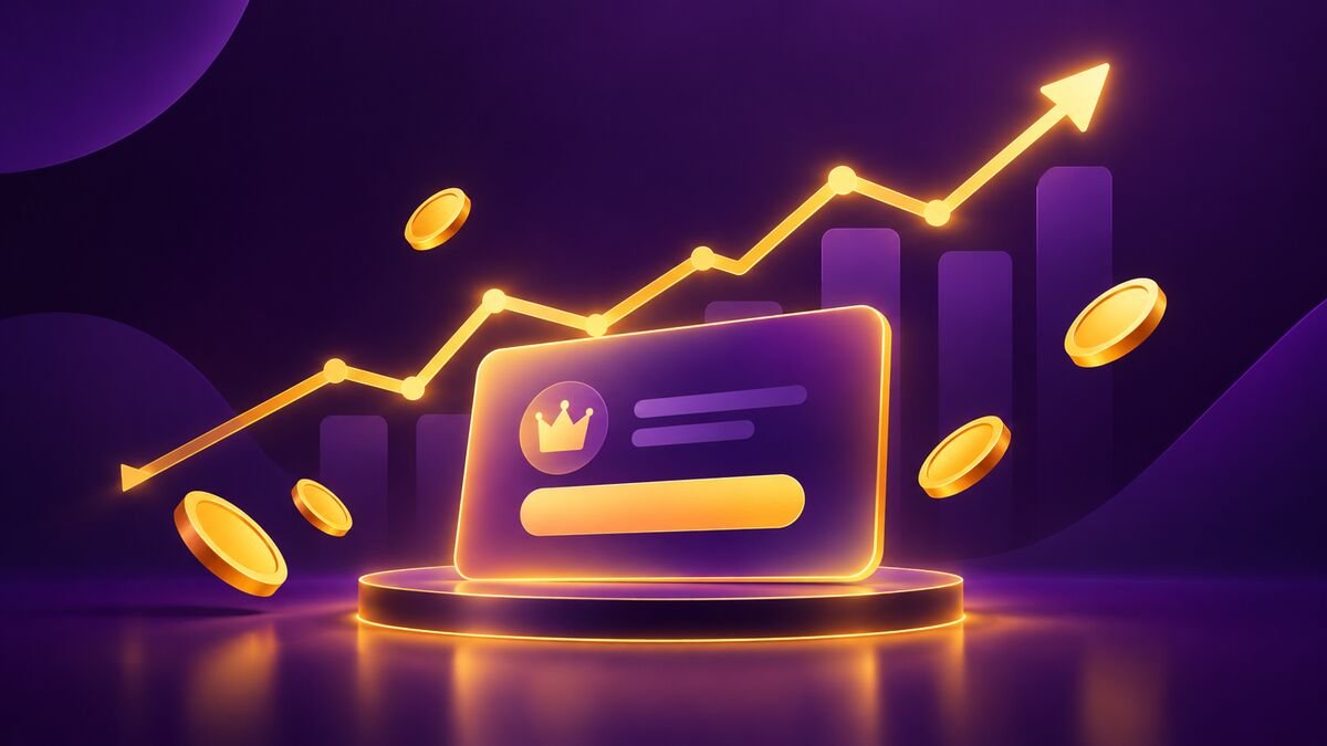 Rising chart over a subscription card