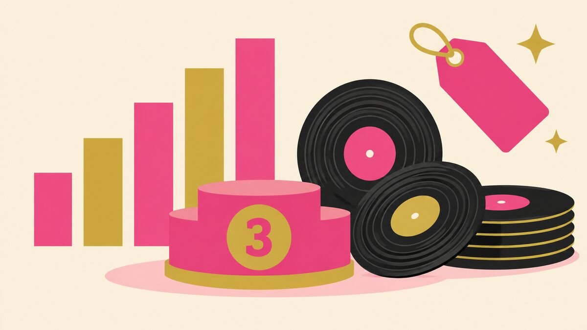 Podium, bar chart and vinyl records illustrating third-place earnings