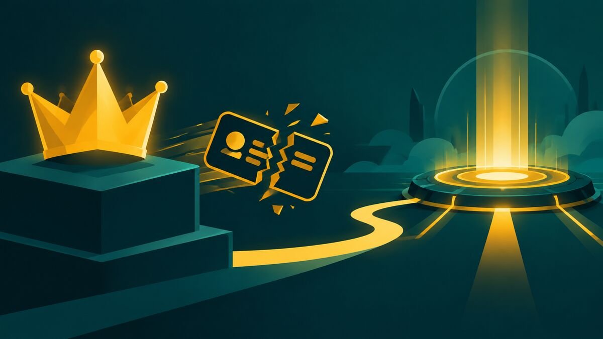 A crown on a pedestal beside a broken card and a glowing launch pad